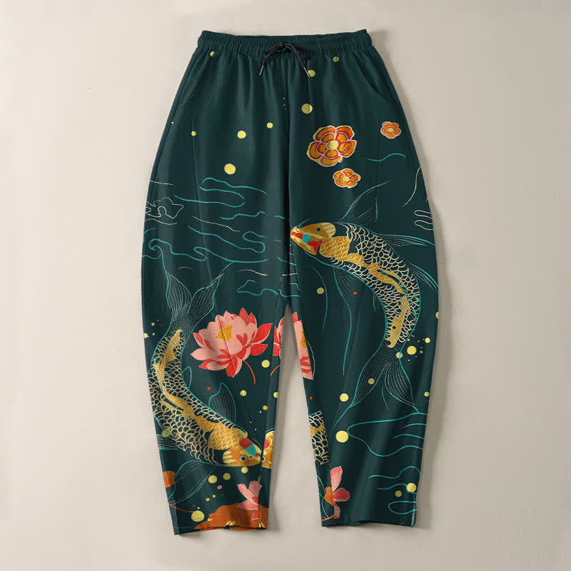 Buddha Stones Herrenhose aus reiner Baumwolle mit goldenem Koi-Lotus-Wellenmuster, Kordelzug und Taschen - image 9