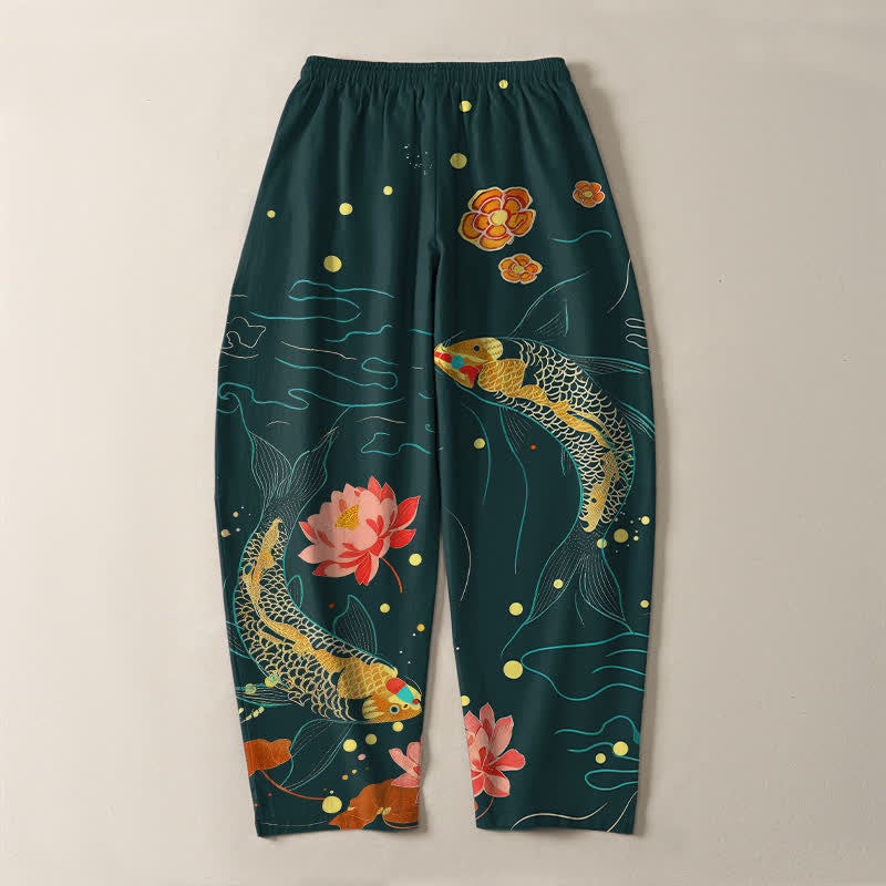 Buddha Stones Herrenhose aus reiner Baumwolle mit goldenem Koi-Lotus-Wellenmuster, Kordelzug und Taschen - image 10