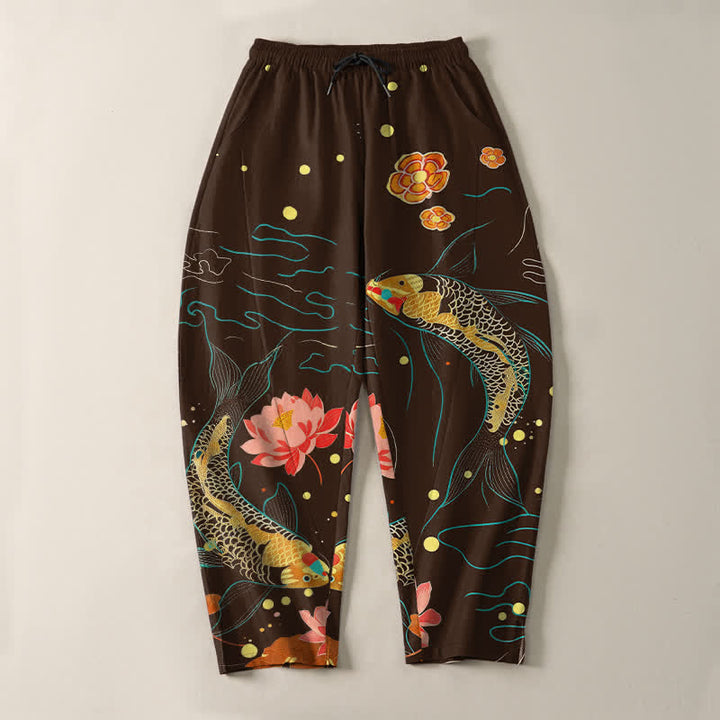 Buddha Stones Herrenhose aus reiner Baumwolle mit goldenem Koi-Lotus-Wellenmuster, Kordelzug und Taschen - image 13