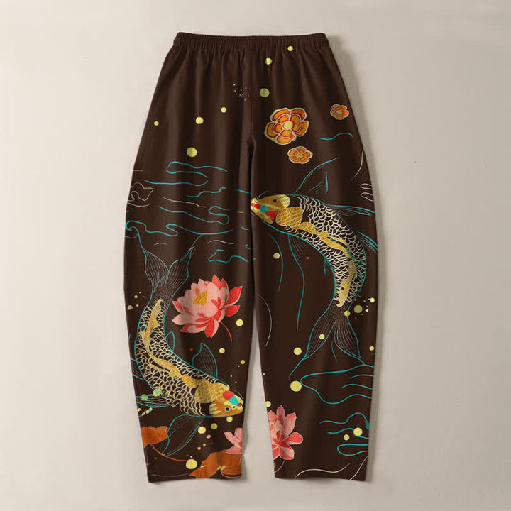 Buddha Stones Herrenhose aus reiner Baumwolle mit goldenem Koi-Lotus-Wellenmuster, Kordelzug und Taschen - image 14
