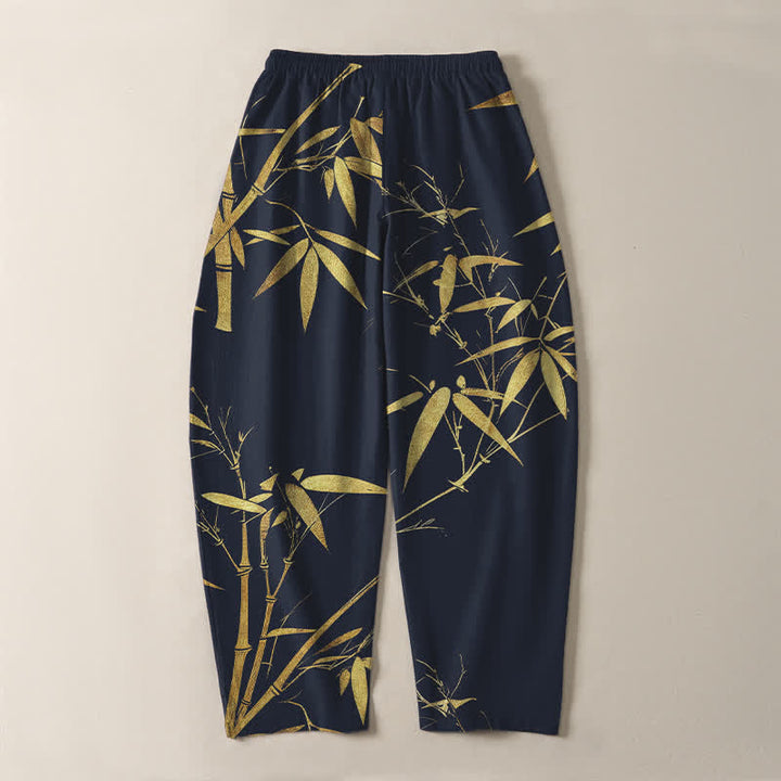 Buddha Stones Herrenhose aus reiner Baumwolle mit goldenem Bambusmuster, Kordelzug, schmal zulaufendem Schnitt und Taschen - image 3