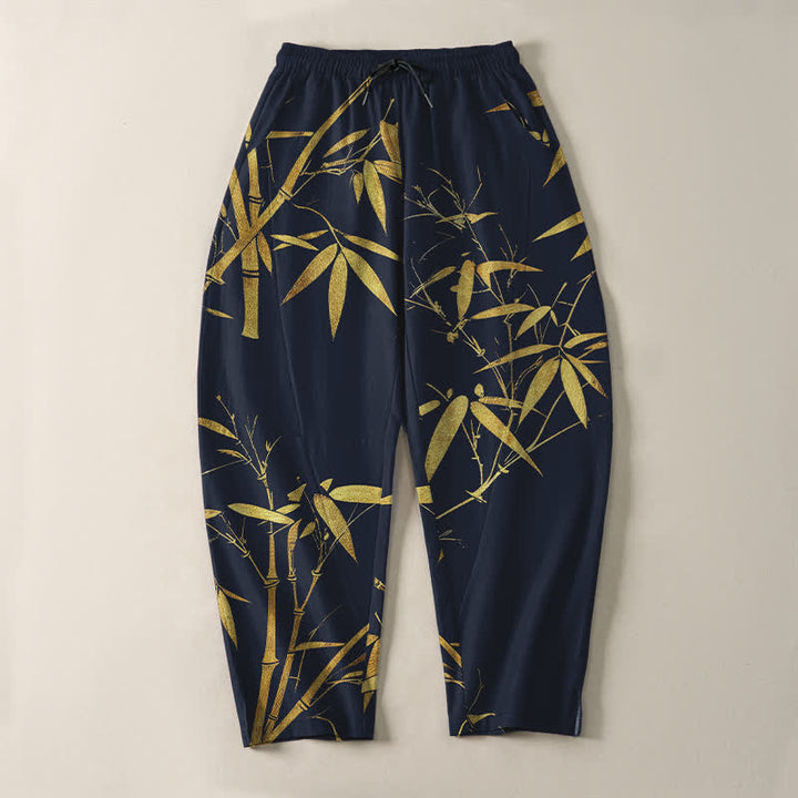 Buddha Stones Herrenhose aus reiner Baumwolle mit goldenem Bambusmuster, Kordelzug, schmal zulaufendem Schnitt und Taschen - image 2