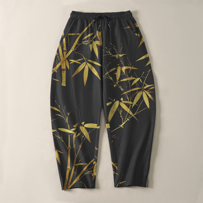 Buddha Stones Herrenhose aus reiner Baumwolle mit goldenem Bambusmuster, Kordelzug, schmal zulaufendem Schnitt und Taschen - image 9