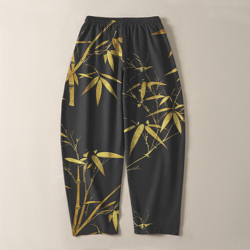Buddha Stones Herrenhose aus reiner Baumwolle mit goldenem Bambusmuster, Kordelzug, schmal zulaufendem Schnitt und Taschen - image 10