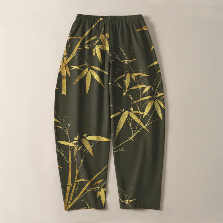 Buddha Stones Herrenhose aus reiner Baumwolle mit goldenem Bambusmuster, Kordelzug, schmal zulaufendem Schnitt und Taschen - image 14