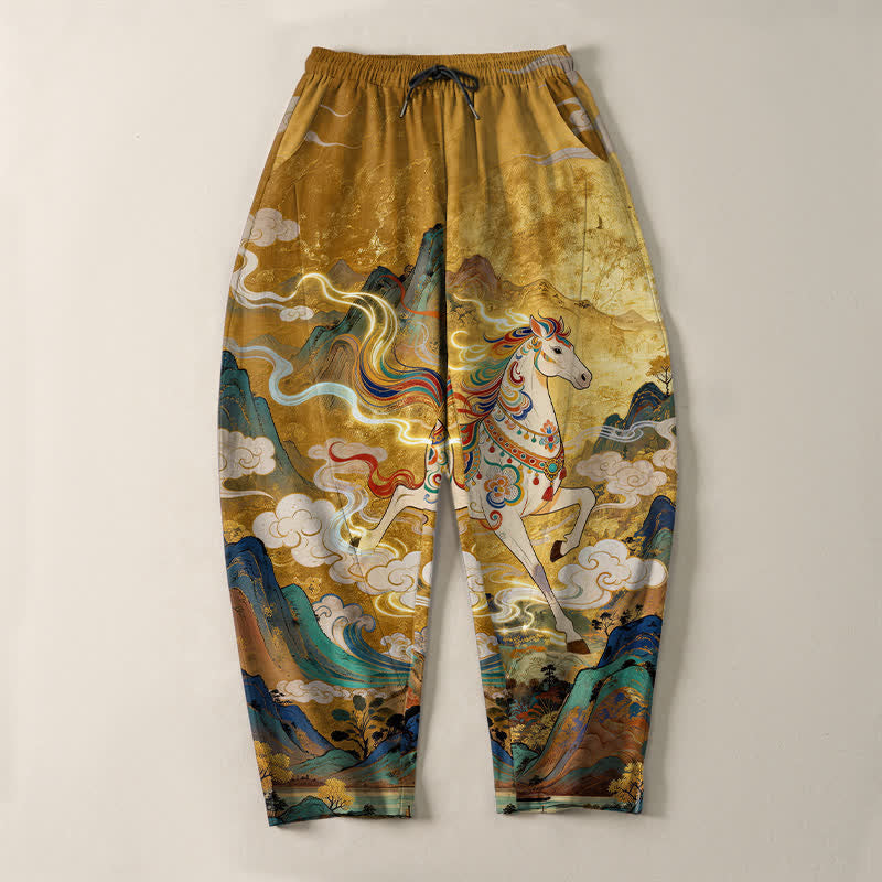 Buddha Stones Herrenhose aus reiner Baumwolle mit Kordelzug, schmal zulaufendem Bein und Taschen, Muster: Weißes Pferd im Galoppmuster - image 2