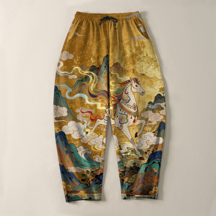 Buddha Stones Herrenhose aus reiner Baumwolle mit Kordelzug, schmal zulaufendem Bein und Taschen, Muster: Weißes Pferd im Galoppmuster - image 2