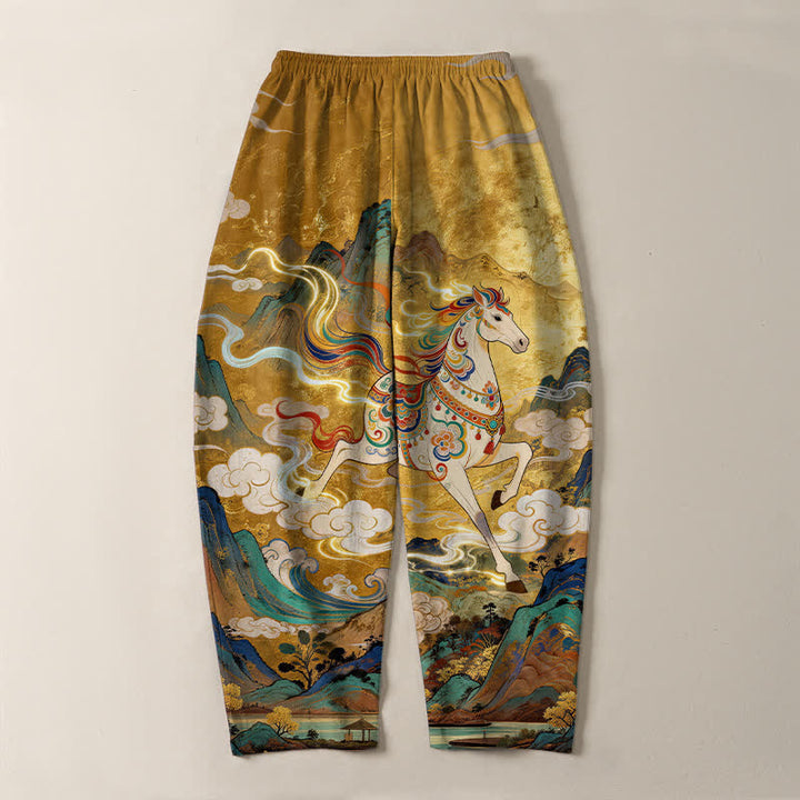 Buddha Stones Herrenhose aus reiner Baumwolle mit Kordelzug, schmal zulaufendem Bein und Taschen, Muster: Weißes Pferd im Galoppmuster - image 3