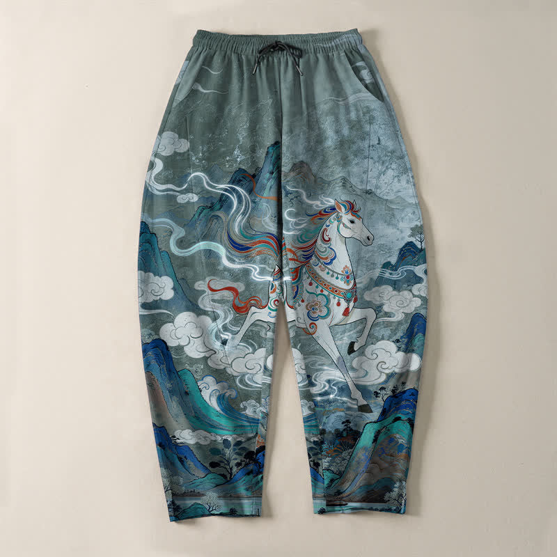Buddha Stones Herrenhose aus reiner Baumwolle mit Kordelzug, schmal zulaufendem Bein und Taschen, Muster: Weißes Pferd im Galoppmuster - image 9