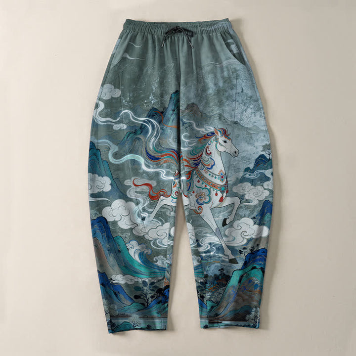 Buddha Stones Herrenhose aus reiner Baumwolle mit Kordelzug, schmal zulaufendem Bein und Taschen, Muster: Weißes Pferd im Galoppmuster - image 9
