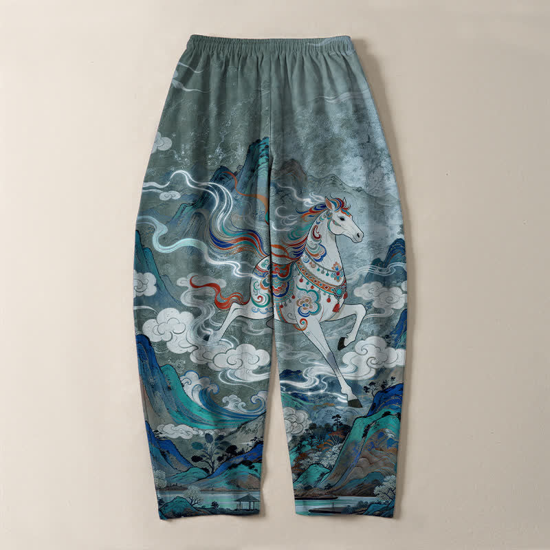 Buddha Stones Herrenhose aus reiner Baumwolle mit Kordelzug, schmal zulaufendem Bein und Taschen, Muster: Weißes Pferd im Galoppmuster - image 10