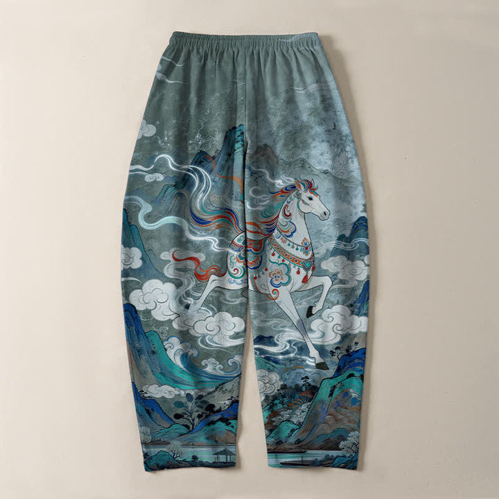 Buddha Stones Herrenhose aus reiner Baumwolle mit Kordelzug, schmal zulaufendem Bein und Taschen, Muster: Weißes Pferd im Galoppmuster - image 10