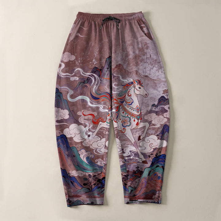 Buddha Stones Herrenhose aus reiner Baumwolle mit Kordelzug, schmal zulaufendem Bein und Taschen, Muster: Weißes Pferd im Galoppmuster - image 13