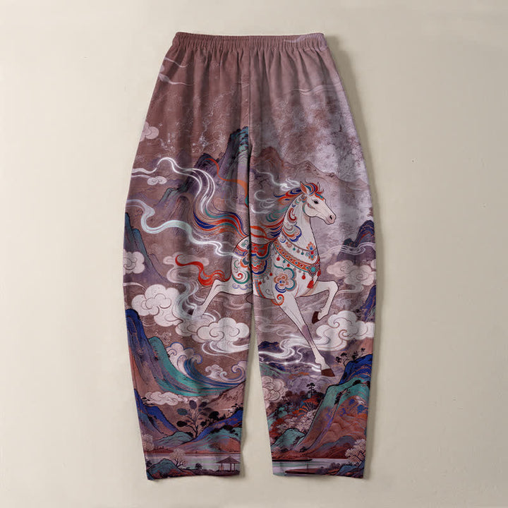 Buddha Stones Herrenhose aus reiner Baumwolle mit Kordelzug, schmal zulaufendem Bein und Taschen, Muster: Weißes Pferd im Galoppmuster - image 14