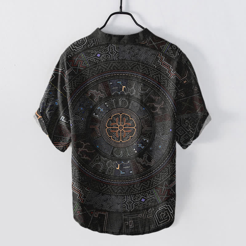 Buddha Stones Kurzarmhemd aus Baumwolle mit Tribal-Mandala-Muster für Herren, halbknöpfig, Kurzarm, halber Knopfleiste - image 1