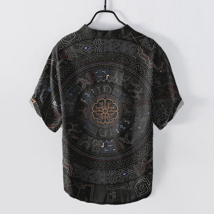 Buddha Stones Kurzarmhemd aus Baumwolle mit Tribal-Mandala-Muster für Herren, halbknöpfig, Kurzarm, halber Knopfleiste - image 1