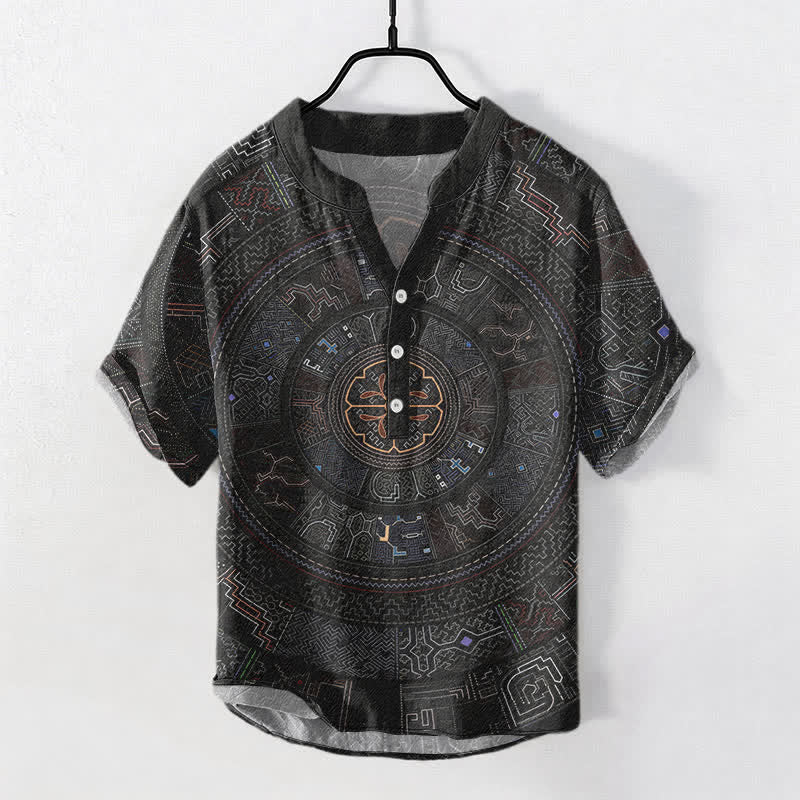 Buddha Stones Kurzarmhemd aus Baumwolle mit Tribal-Mandala-Muster für Herren, halbknöpfig, Kurzarm, halber Knopfleiste - Schwarz - US/ UK/AU50, EU60 (5XL) - image 0