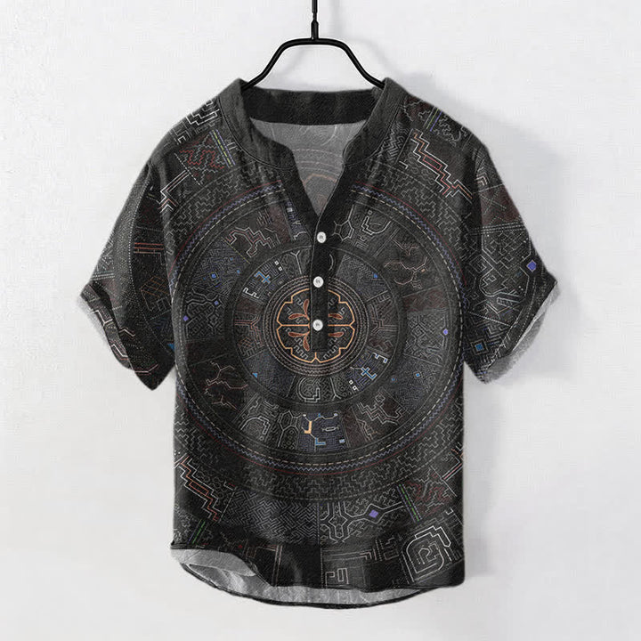 Buddha Stones Kurzarmhemd aus Baumwolle mit Tribal-Mandala-Muster für Herren, halbknöpfig, Kurzarm, halber Knopfleiste - Schwarz - US/ UK/AU50, EU60 (5XL) - image 0