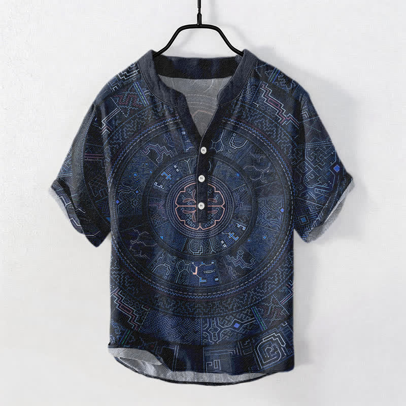Buddha Stones Kurzarmhemd aus Baumwolle mit Tribal-Mandala-Muster für Herren, halbknöpfig, Kurzarm, halber Knopfleiste - Marine - US/ UK/AU50, EU60 (5XL) - image 5