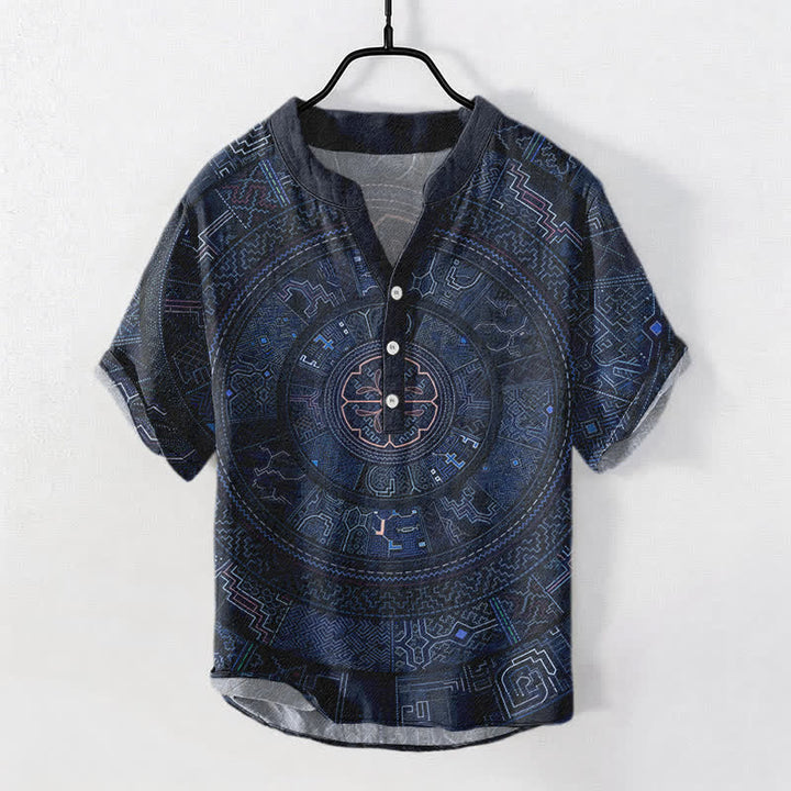 Buddha Stones Kurzarmhemd aus Baumwolle mit Tribal-Mandala-Muster für Herren, halbknöpfig, Kurzarm, halber Knopfleiste - Marine - US/ UK/AU50, EU60 (5XL) - image 5