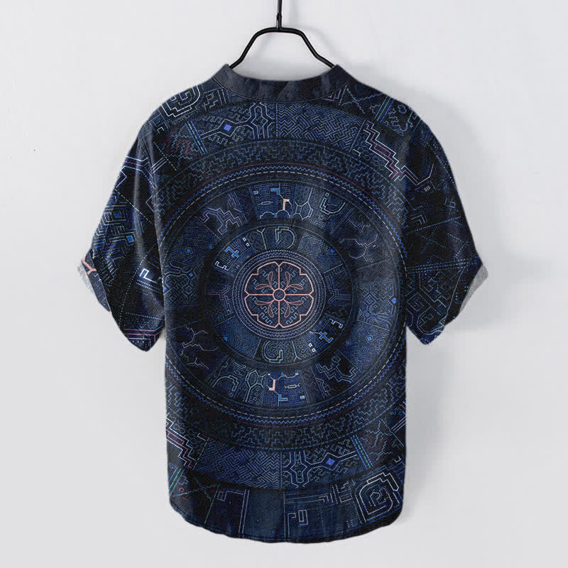 Buddha Stones Kurzarmhemd aus Baumwolle mit Tribal-Mandala-Muster für Herren, halbknöpfig, Kurzarm, halber Knopfleiste - image 6