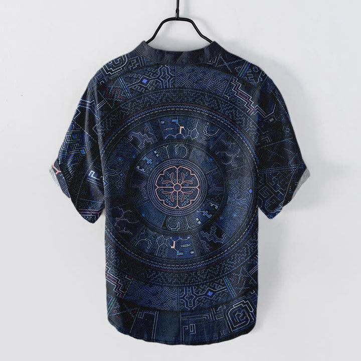 Buddha Stones Kurzarmhemd aus Baumwolle mit Tribal-Mandala-Muster für Herren, halbknöpfig, Kurzarm, halber Knopfleiste - image 6