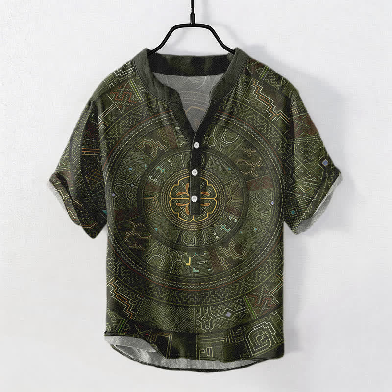 Buddha Stones Kurzarmhemd aus Baumwolle mit Tribal-Mandala-Muster für Herren, halbknöpfig, Kurzarm, halber Knopfleiste - Dunkelolivgrün - US/ UK/AU50, EU60 (5XL) - image 7