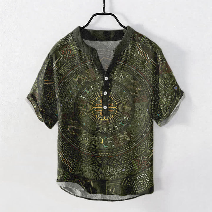 Buddha Stones Kurzarmhemd aus Baumwolle mit Tribal-Mandala-Muster für Herren, halbknöpfig, Kurzarm, halber Knopfleiste - Dunkelolivgrün - US/ UK/AU50, EU60 (5XL) - image 7