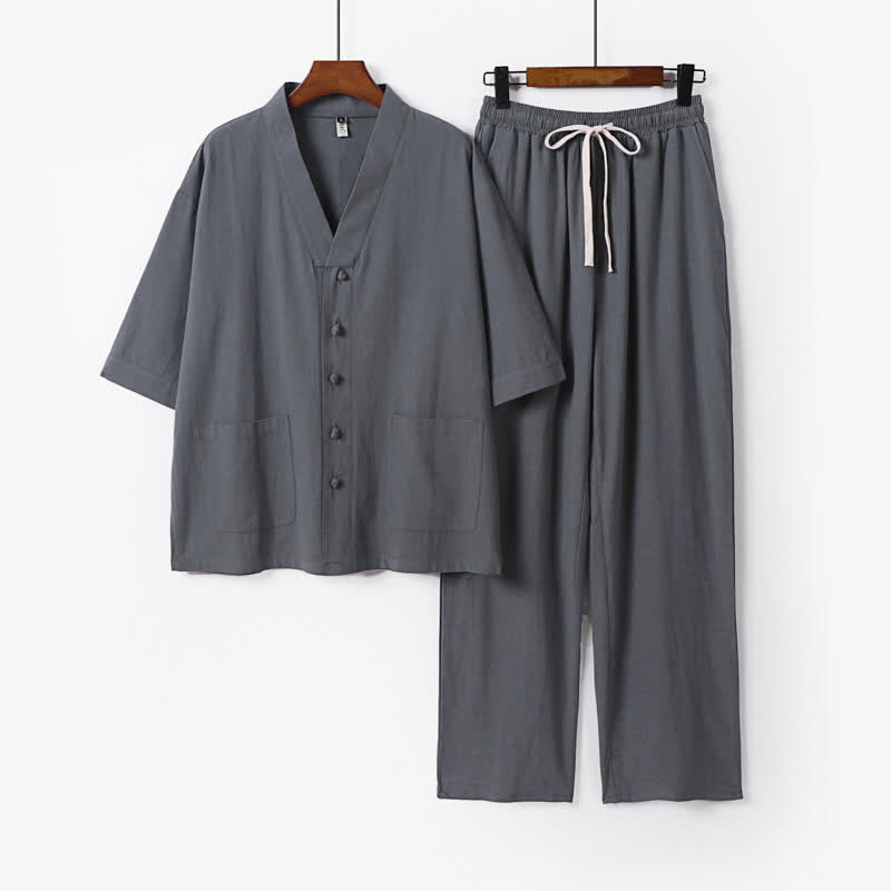 Buddha Stones 2-teiliges Sommer-Meditations-Set im Tang-Stil: Kurzarmhemd und Hose mit Stehkragen, Kordelzug und Taschen - Schiefergrau - US/ UK/AU54, EU64 (9XL) - image 8