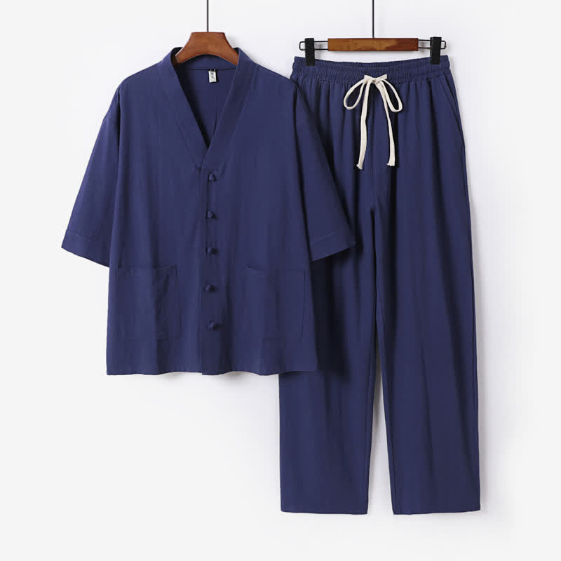 Buddha Stones 2-teiliges Sommer-Meditations-Set im Tang-Stil: Kurzarmhemd und Hose mit Stehkragen, Kordelzug und Taschen - Mitternachtsblau - US/ UK/AU54, EU64 (9XL) - image 18