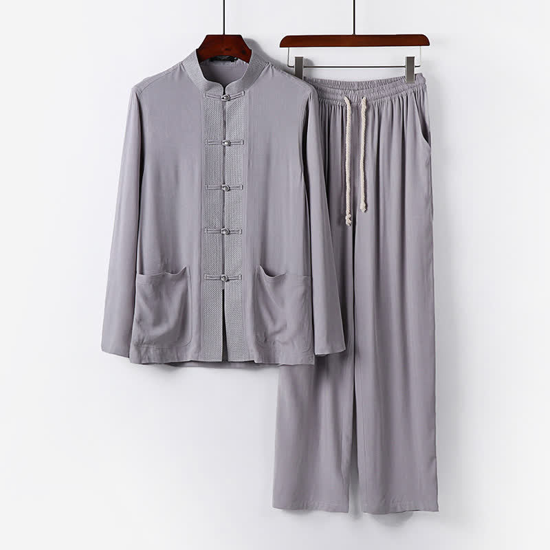 Buddha Stones 2-teiliges Set: Herren-Meditationskleidung im Spring Tang Style mit Mandarin-Kragen, Froschknöpfen, langen Ärmeln, Hemd und Hose mit Taschen - Silber - US/ UK/AU48, EU58 (6XL) - image 9