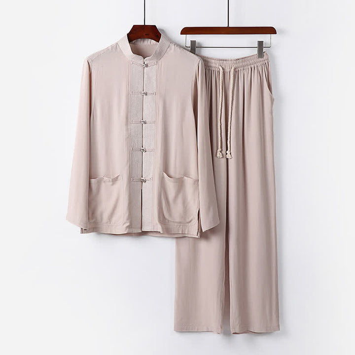 Buddha Stones 2-teiliges Set: Herren-Meditationskleidung im Spring Tang Style mit Mandarin-Kragen, Froschknöpfen, langen Ärmeln, Hemd und Hose mit Taschen - Beige - US/ UK/AU48, EU58 (6XL) - image 0