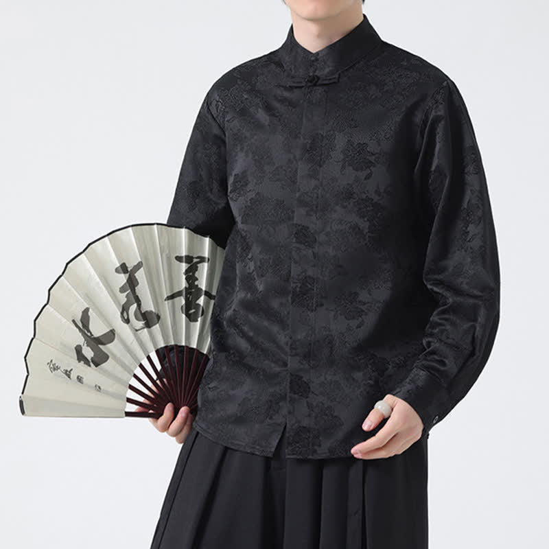 Buddha Stones Elegante Herren-Langarmhemden im Tang-Stil mit Stehkragen und Blumenmuster für den Herbst. - Schwarz - US/ UK/AU44, EU54 (4XL) - image 0