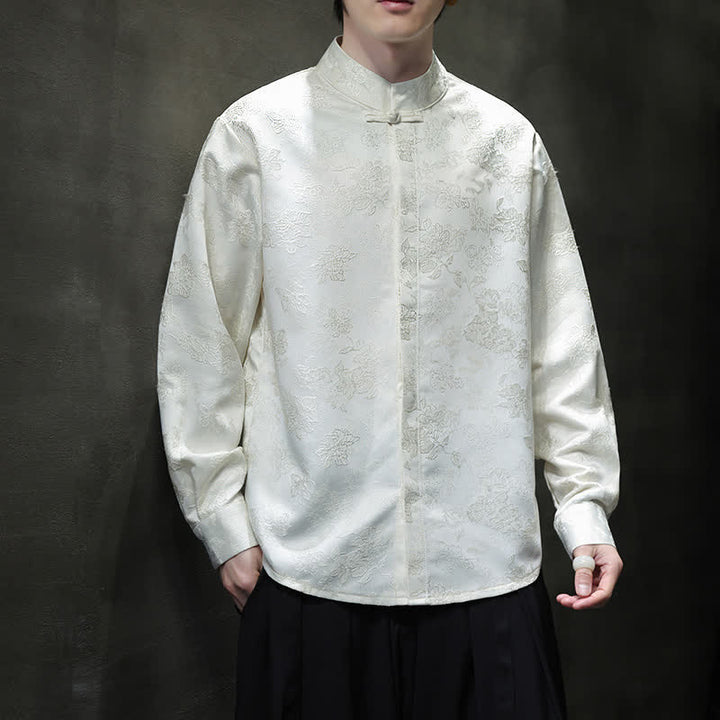 Buddha Stones Elegante Herren-Langarmhemden im Tang-Stil mit Stehkragen und Blumenmuster für den Herbst. - Weiß - US/ UK/AU44, EU54 (4XL) - image 13