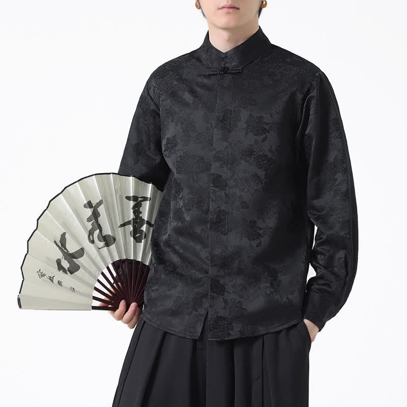 Buddha Stones Elegante Herren-Langarmhemden im Tang-Stil mit Stehkragen und Blumenmuster für den Herbst. - image 8