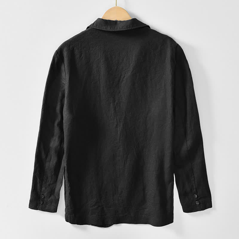 Buddha Stones Lässige, minimalistische Herrenjacke aus Ramie-Baumwolle mit Reverskragen und Taschen für Frühling und Herbst - image 5