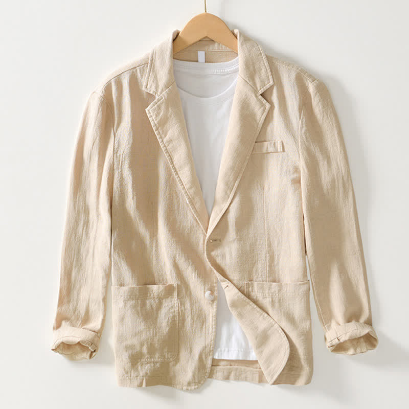 Buddha Stones Lässige, minimalistische Herrenjacke aus Ramie-Baumwolle mit Reverskragen und Taschen für Frühling und Herbst - Beige - US/ UK/AU44, EU54 (4XL) - image 22
