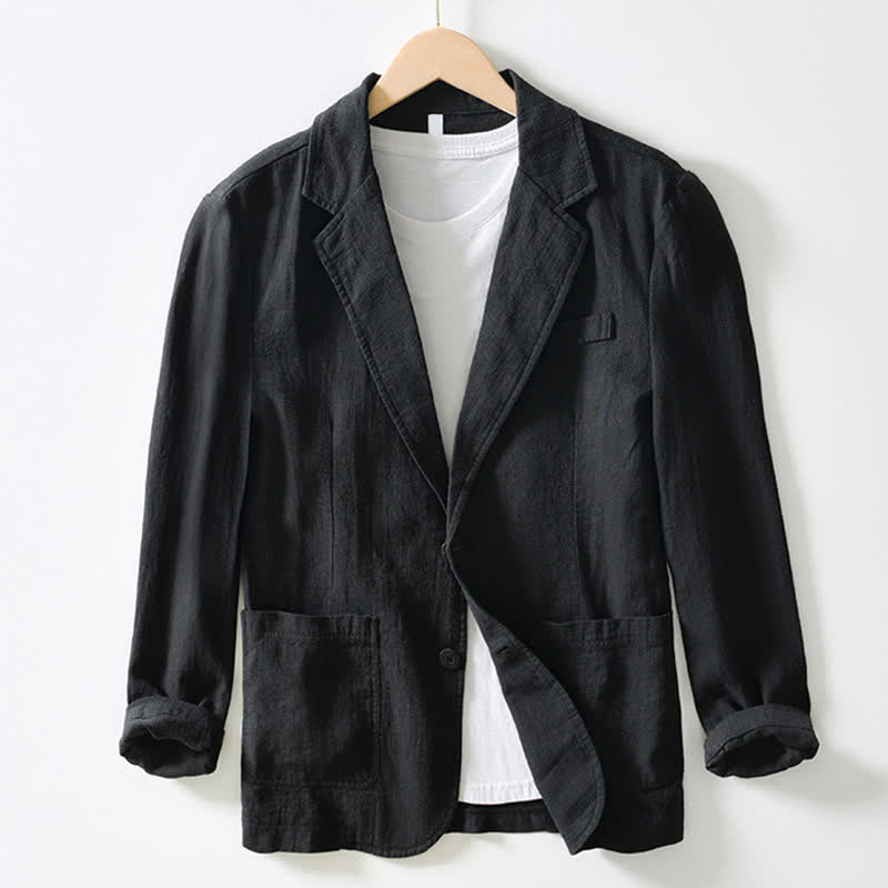 Buddha Stones Lässige, minimalistische Herrenjacke aus Ramie-Baumwolle mit Reverskragen und Taschen für Frühling und Herbst - Schwarz - US/ UK/AU44, EU54 (4XL) - image 4