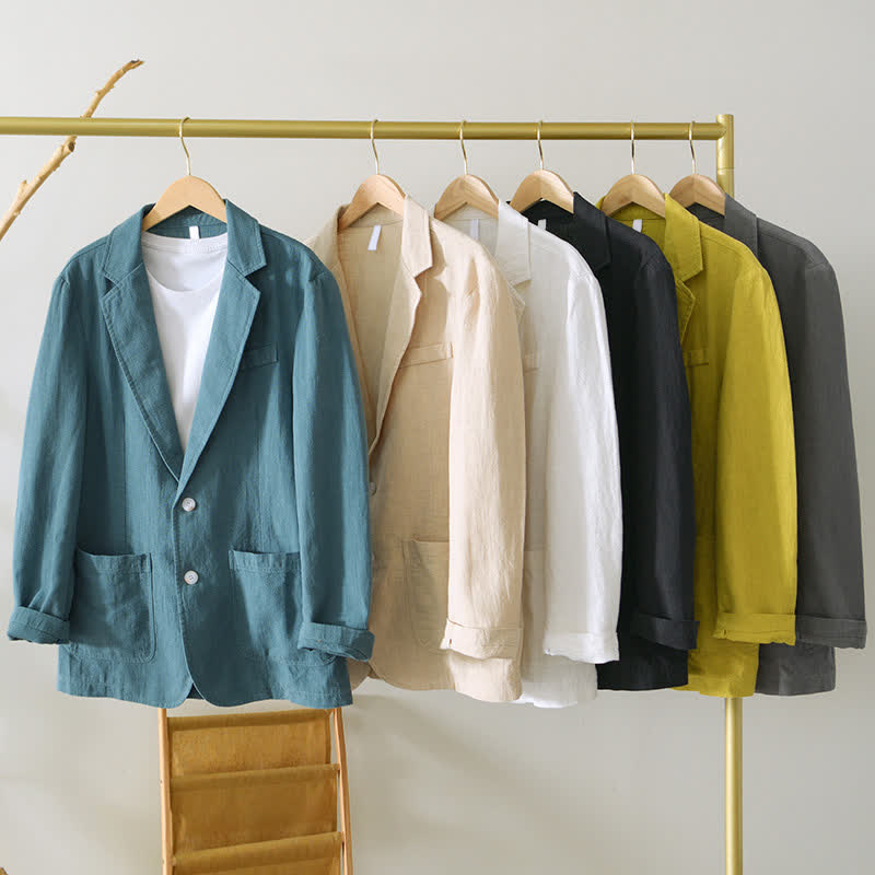 Buddha Stones Lässige, minimalistische Herrenjacke aus Ramie-Baumwolle mit Reverskragen und Taschen für Frühling und Herbst - image 32