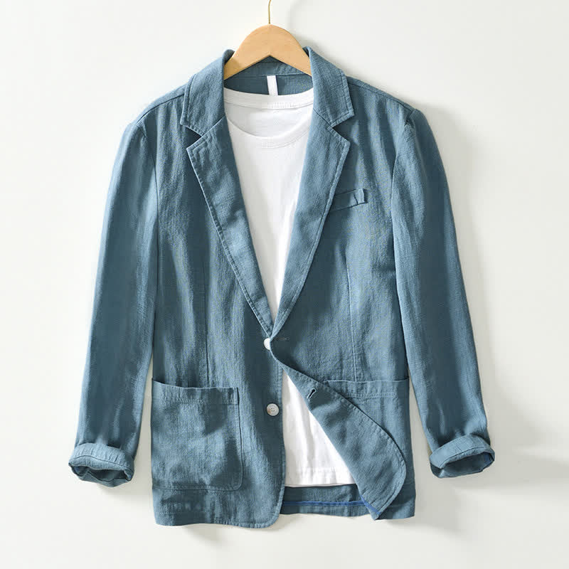 Buddha Stones Lässige, minimalistische Herrenjacke aus Ramie-Baumwolle mit Reverskragen und Taschen für Frühling und Herbst - Kadettenblau - US/ UK/AU44, EU54 (4XL) - image 16