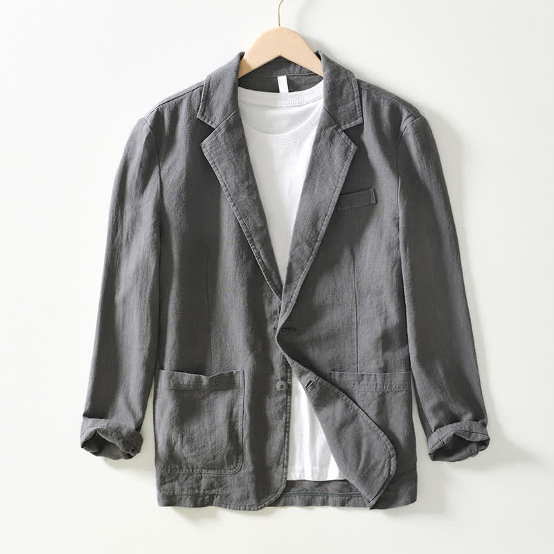 Buddha Stones Lässige, minimalistische Herrenjacke aus Ramie-Baumwolle mit Reverskragen und Taschen für Frühling und Herbst - DimGray - US/ UK/AU44, EU54 (4XL) - image 0