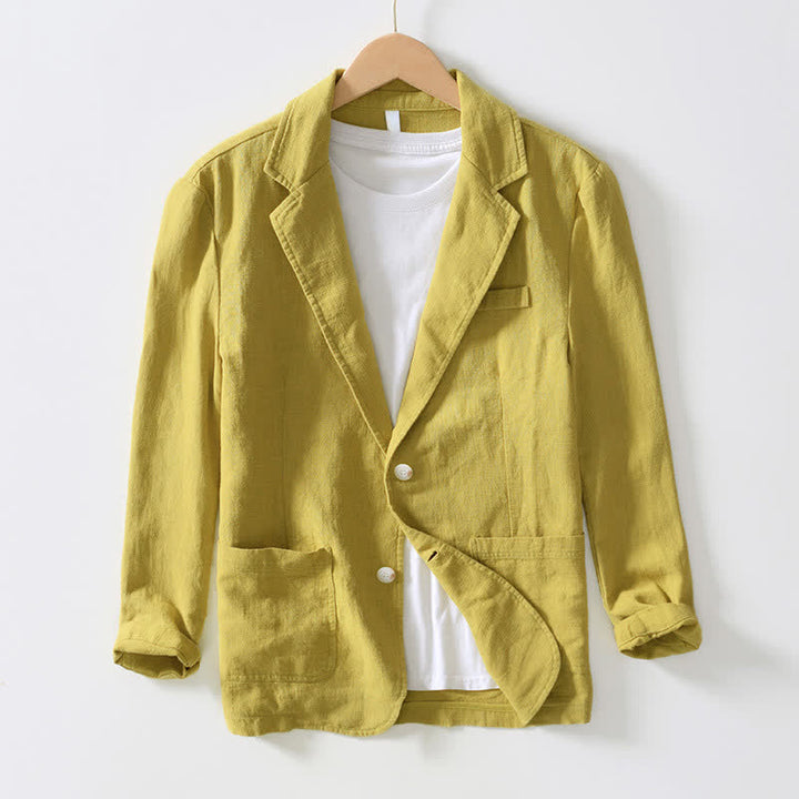Buddha Stones Lässige, minimalistische Herrenjacke aus Ramie-Baumwolle mit Reverskragen und Taschen für Frühling und Herbst - Khaki - US/ UK/AU44, EU54 (4XL) - image 10
