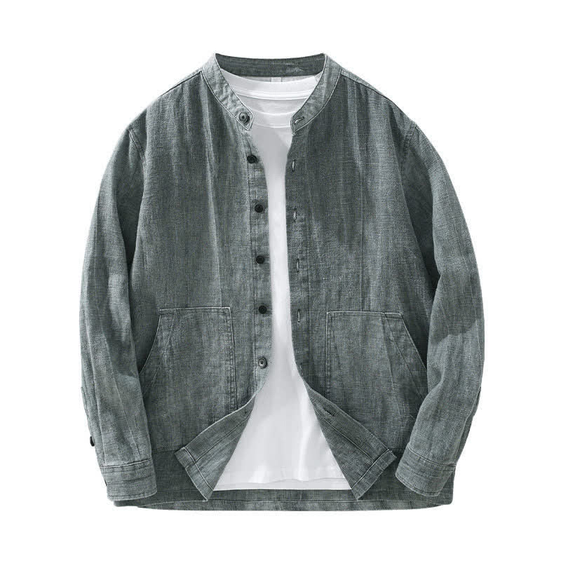 Buddha Stones Lässige Herrenjacke aus einfarbigem Ramie-Baumwollstoff mit Taschen, geeignet für Frühling und Herbst - image 2