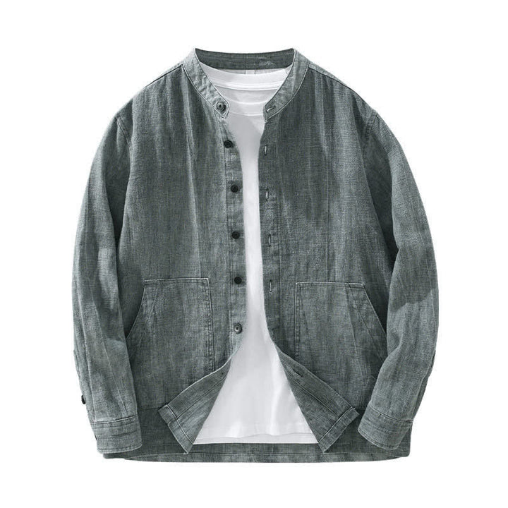 Buddha Stones Lässige Herrenjacke aus einfarbigem Ramie-Baumwollstoff mit Taschen, geeignet für Frühling und Herbst - image 2