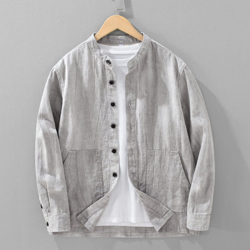 Buddha Stones Lässige Herrenjacke aus einfarbigem Ramie-Baumwollstoff mit Taschen, geeignet für Frühling und Herbst - Hellgrau - US/ UK/AU42, EU52 (3XL) - image 13