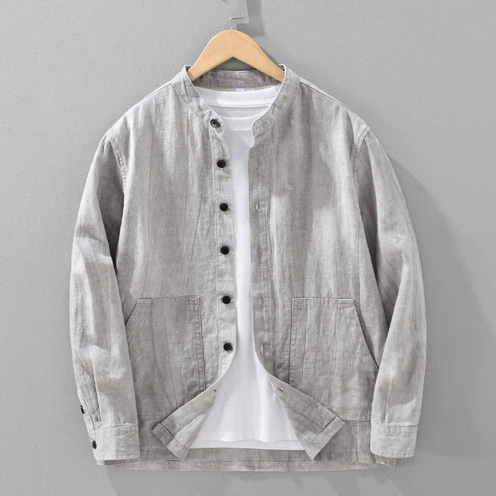 Buddha Stones Lässige Herrenjacke aus einfarbigem Ramie-Baumwollstoff mit Taschen, geeignet für Frühling und Herbst - Hellgrau - US/ UK/AU42, EU52 (3XL) - image 13