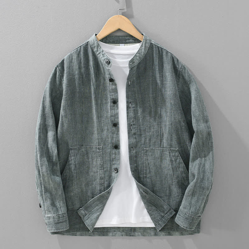 Buddha Stones Lässige Herrenjacke aus einfarbigem Ramie-Baumwollstoff mit Taschen, geeignet für Frühling und Herbst - Dunkelgrau - US/ UK/AU42, EU52 (3XL) - image 0