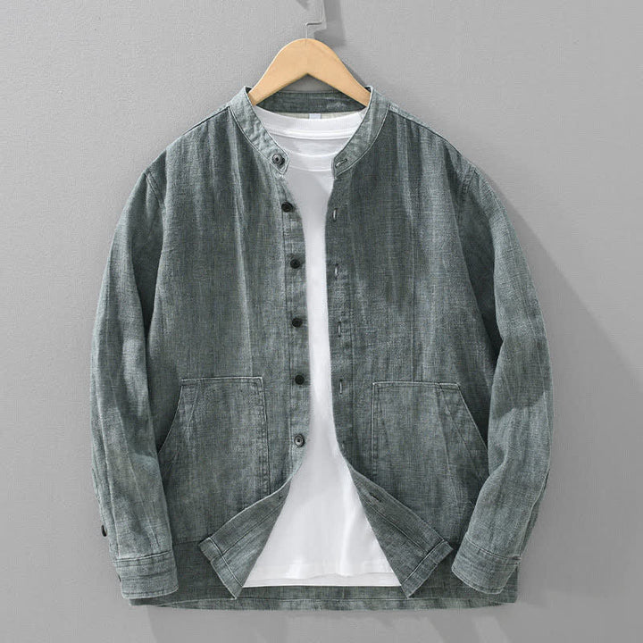 Buddha Stones Lässige Herrenjacke aus einfarbigem Ramie-Baumwollstoff mit Taschen, geeignet für Frühling und Herbst - Dunkelgrau - US/ UK/AU42, EU52 (3XL) - image 0