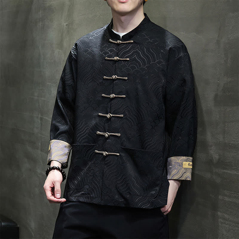 Buddha Stones Herbst/Winter-Herrenjacke im Tang-Stil, eleganter Stehkragen, abstraktes Wellenmuster, Froschknöpfe und Taschen - image 17