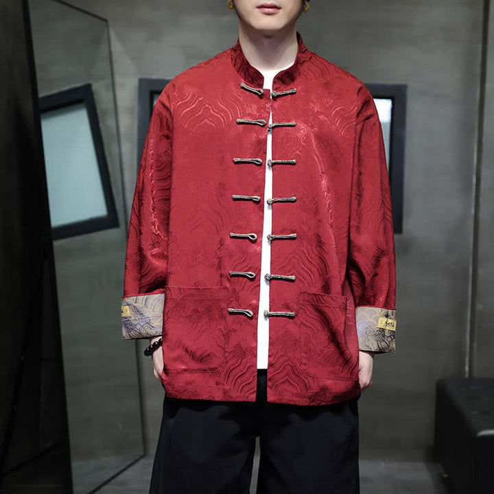 Buddha Stones Herbst/Winter-Herrenjacke im Tang-Stil, eleganter Stehkragen, abstraktes Wellenmuster, Froschknöpfe und Taschen - image 5